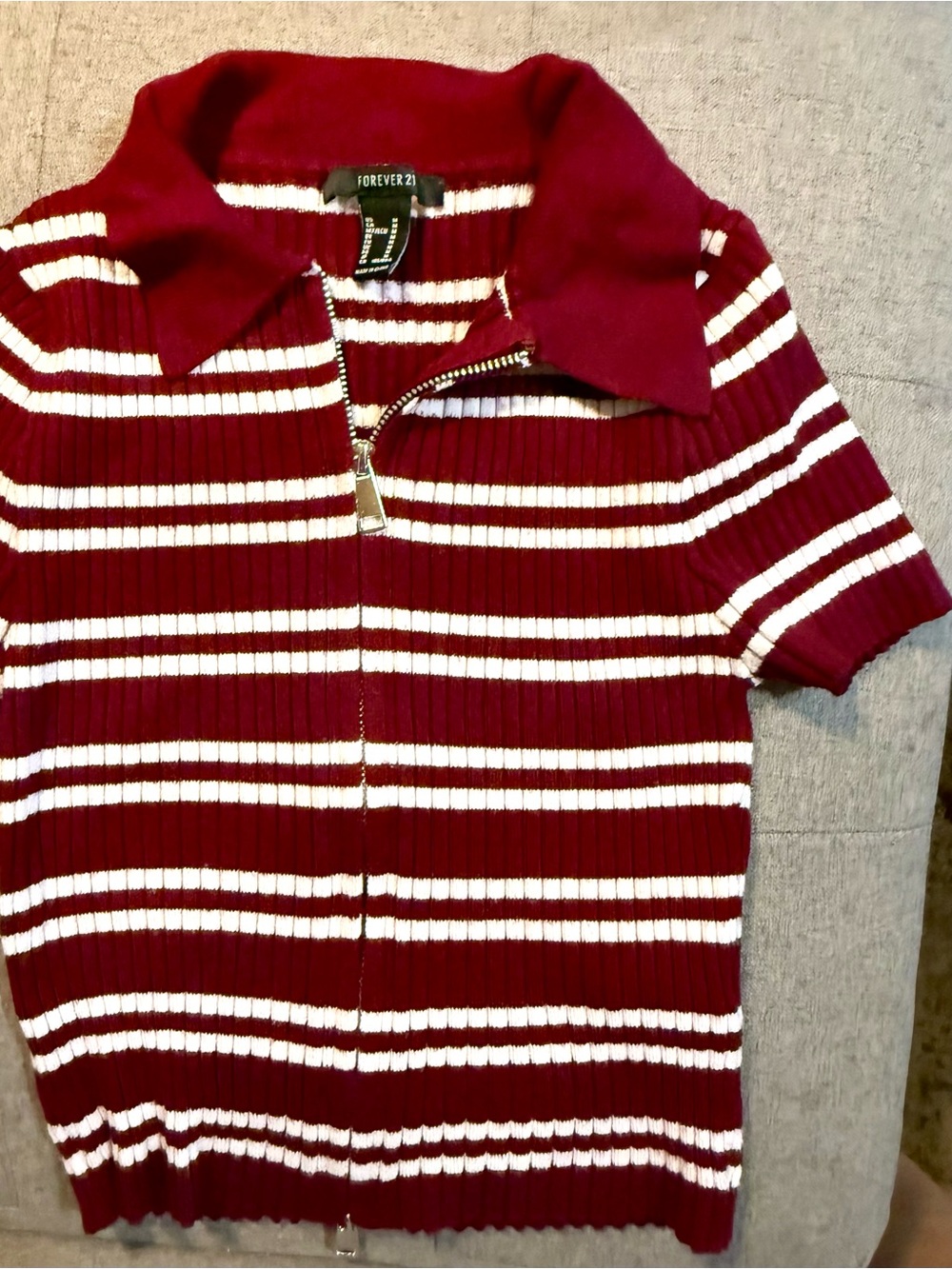 Forever 21 Burgundy & White Striped Zip-Collar Polo